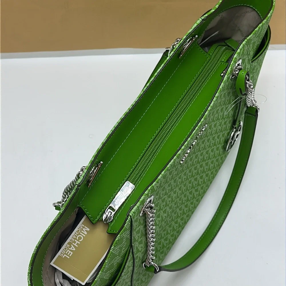 Michael Kors Jet Set Large Signature Logo Chain Shoulder Tote Bag Jungle Green